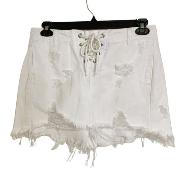 Signature 8 Destroyed White Denim Frayed Raw Hem Distressed Ripped Mini … - Picture 1 of 9